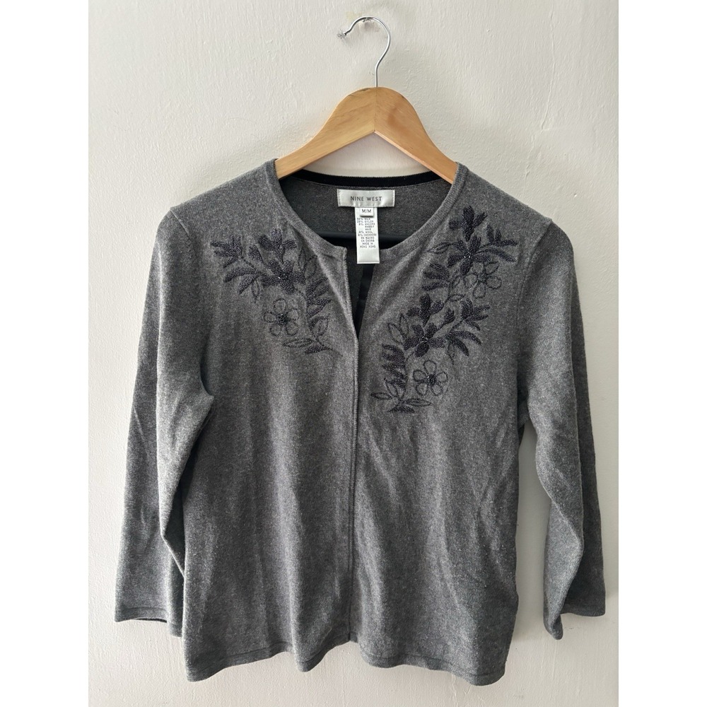 Nine West Vintage Gray Silk‎ Angora Cashmere Blend Floral Beaded Cardigan Size M